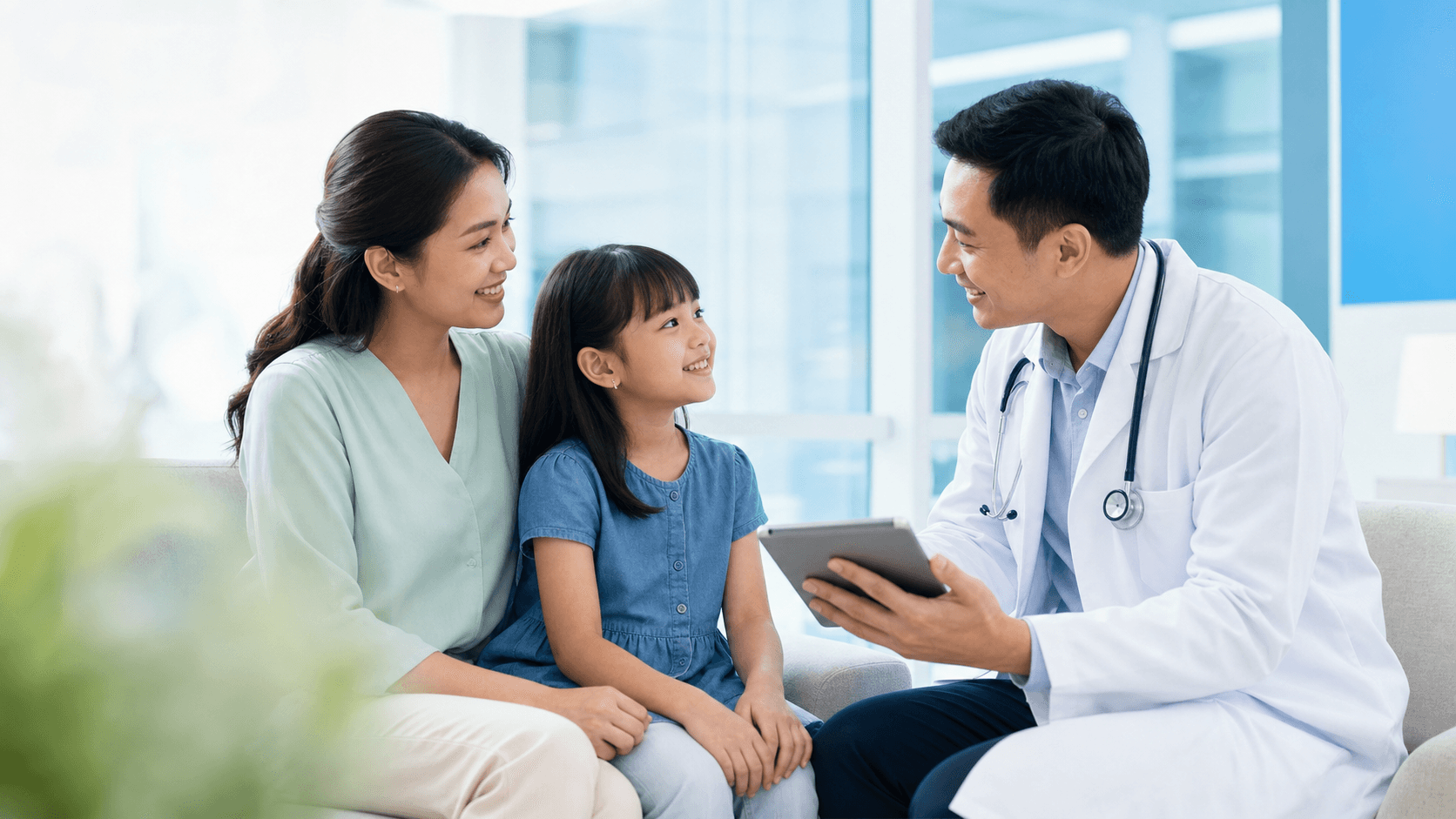 Dokter sedang berkonsultasi dengan ibu dan anak